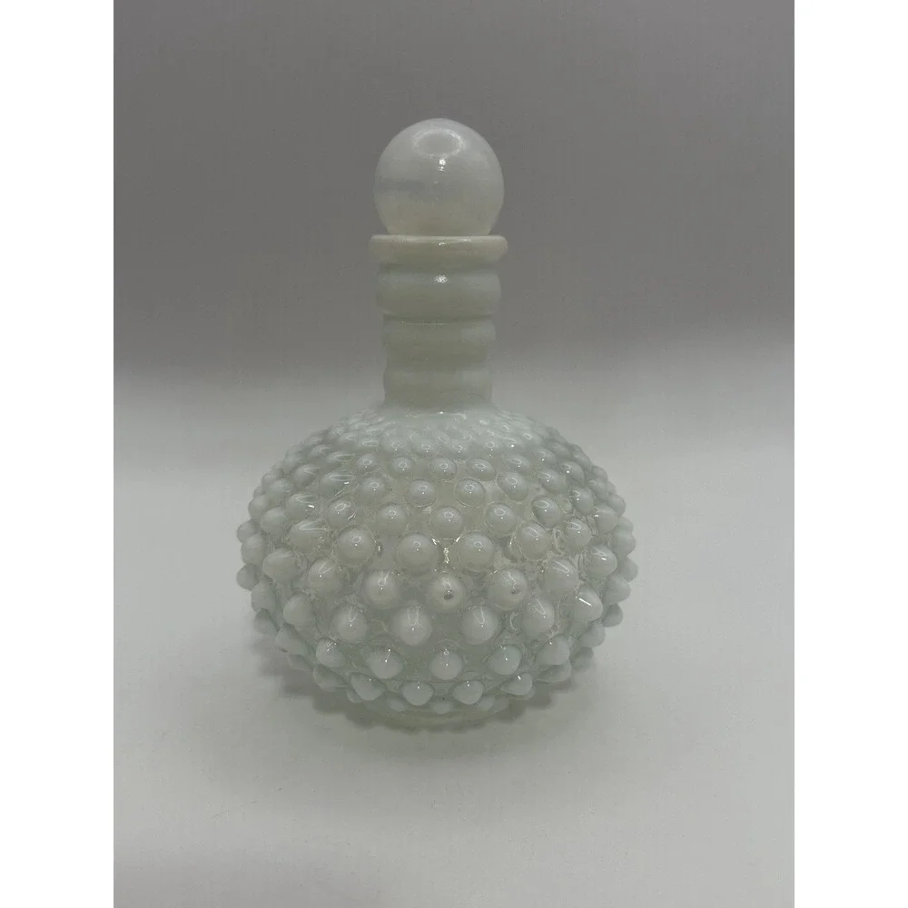 Vintage White Opalescent Hobnail Glass Perfume Decanter Bottle With Stopper